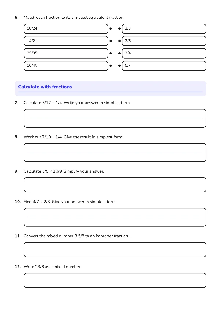 Fractions Mastery Worksheet, page 2 of 3: Calculate with fractions