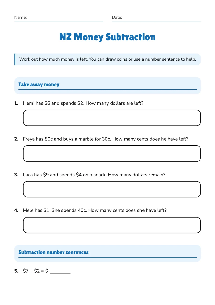 NZ Money Subtraction, page 1 of 2: Take away money, Subtraction number sentences