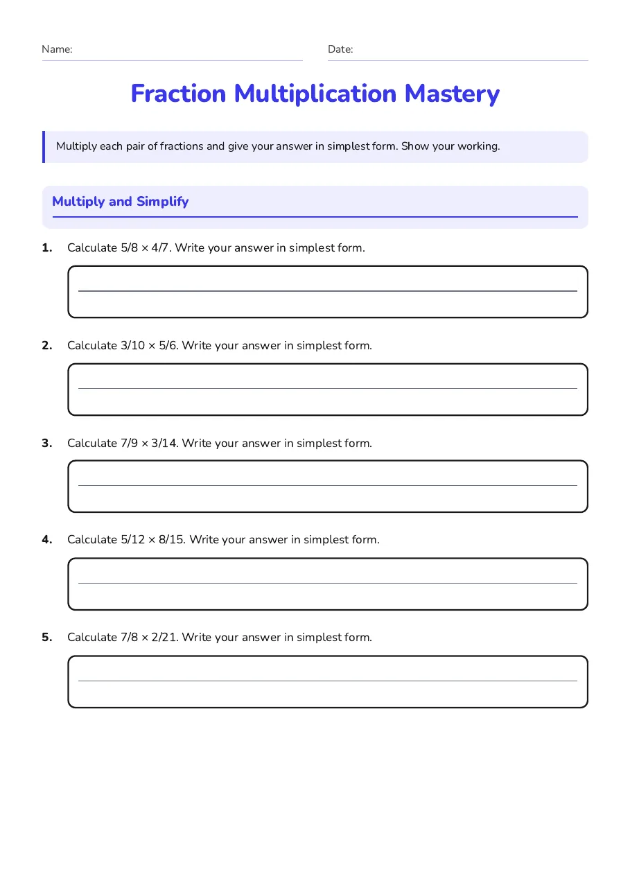 Fraction Multiplication Mastery, page 1 of 3: Multiply and Simplify