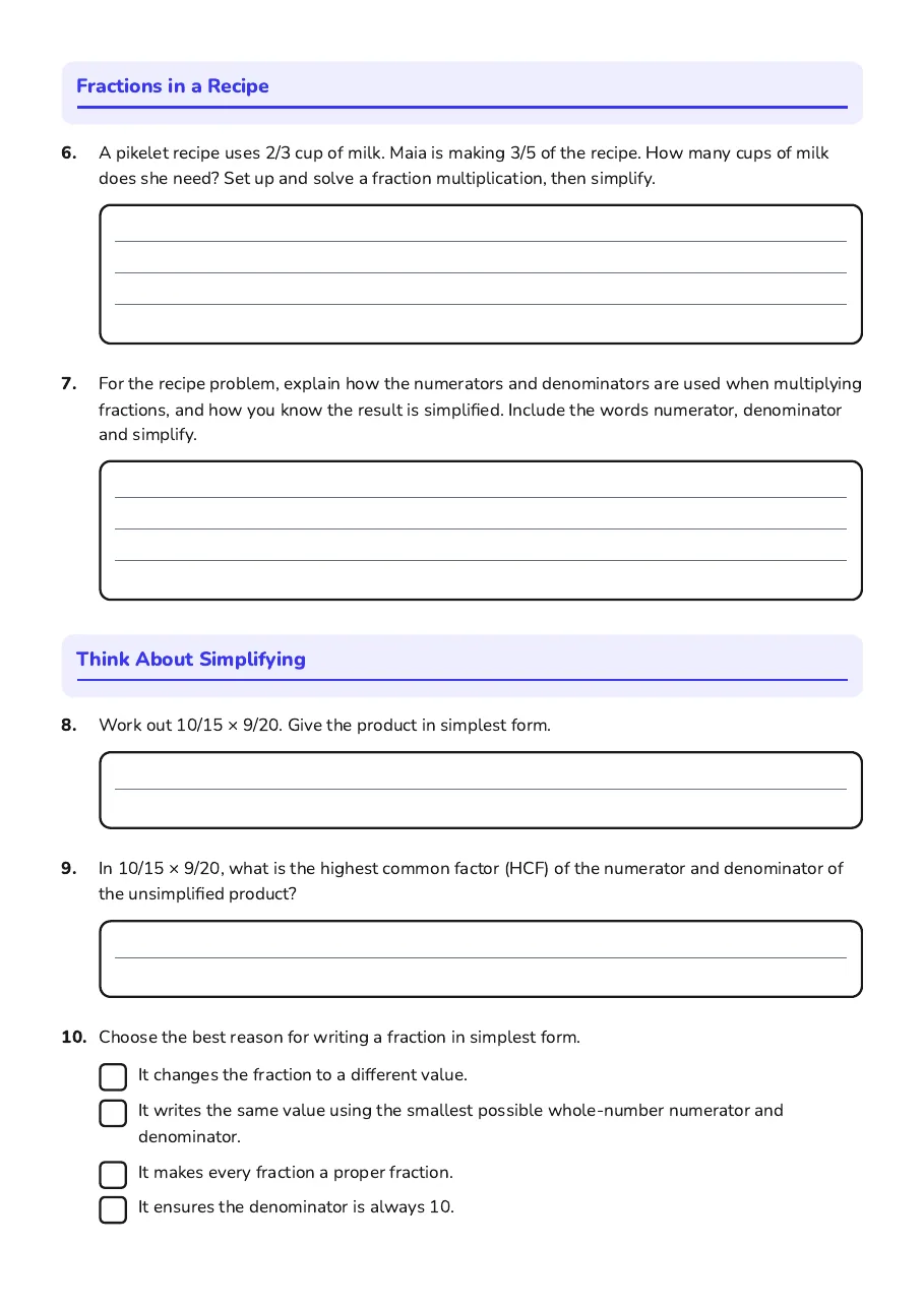 Fraction Multiplication Mastery, page 2 of 3: Fractions in a Recipe, Think About Simplifying