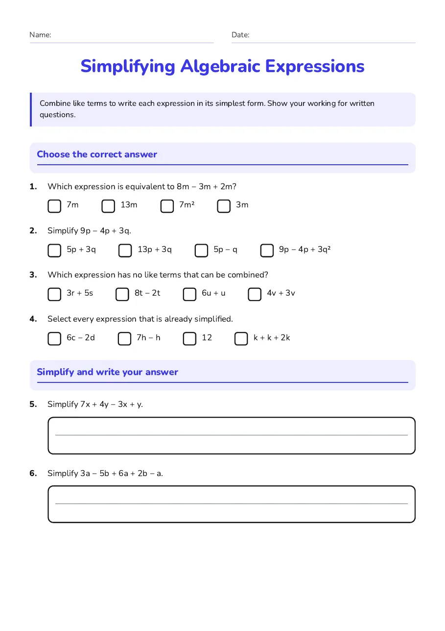 Simplifying Algebraic Expressions, page 1 of 2: Choose the correct answer, Simplify and write your answer