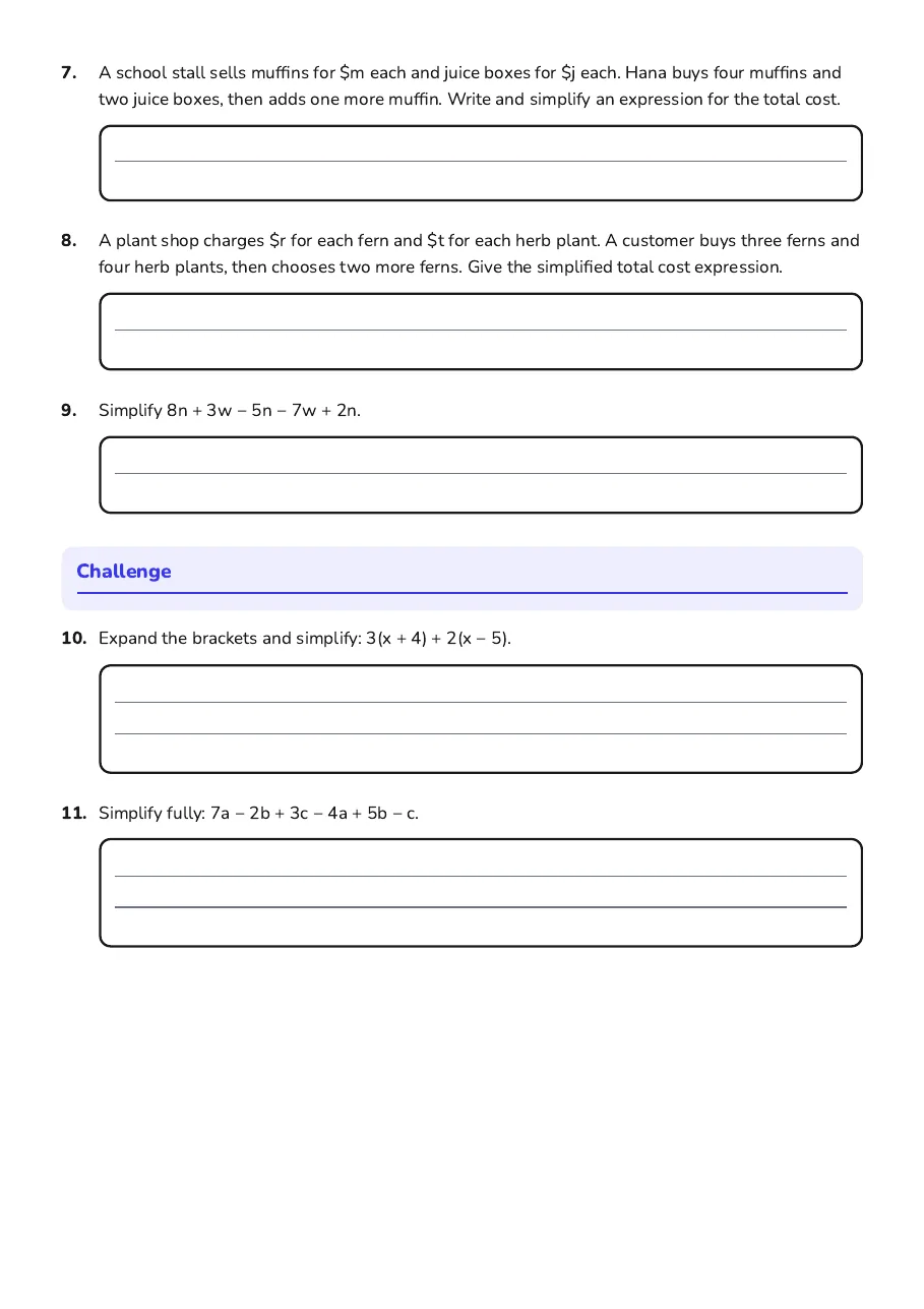 Simplifying Algebraic Expressions, page 2 of 2: Challenge