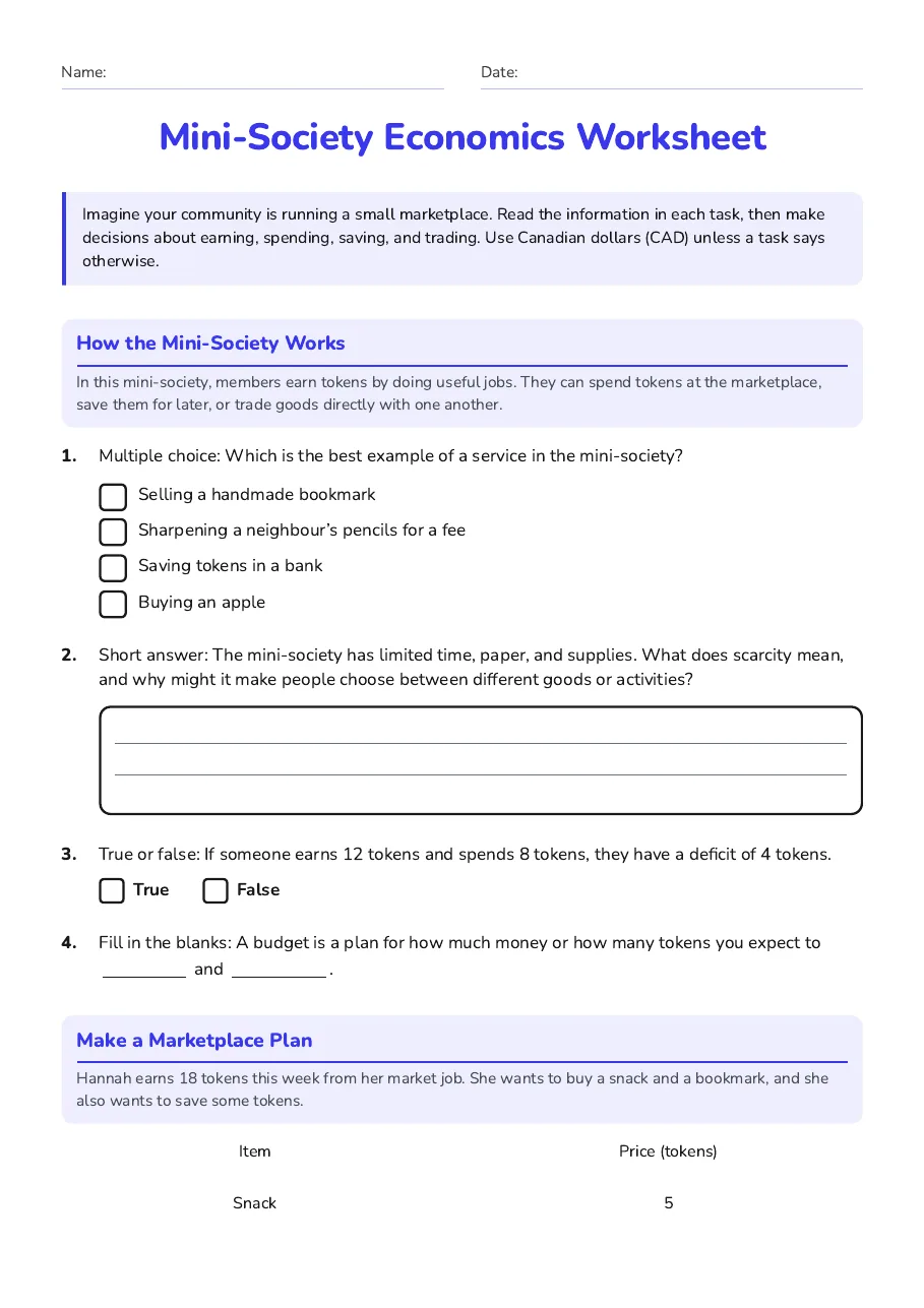 Mini-Society Economics Worksheet, page 1 of 3: How the Mini-Society Works, Make a Marketplace Plan