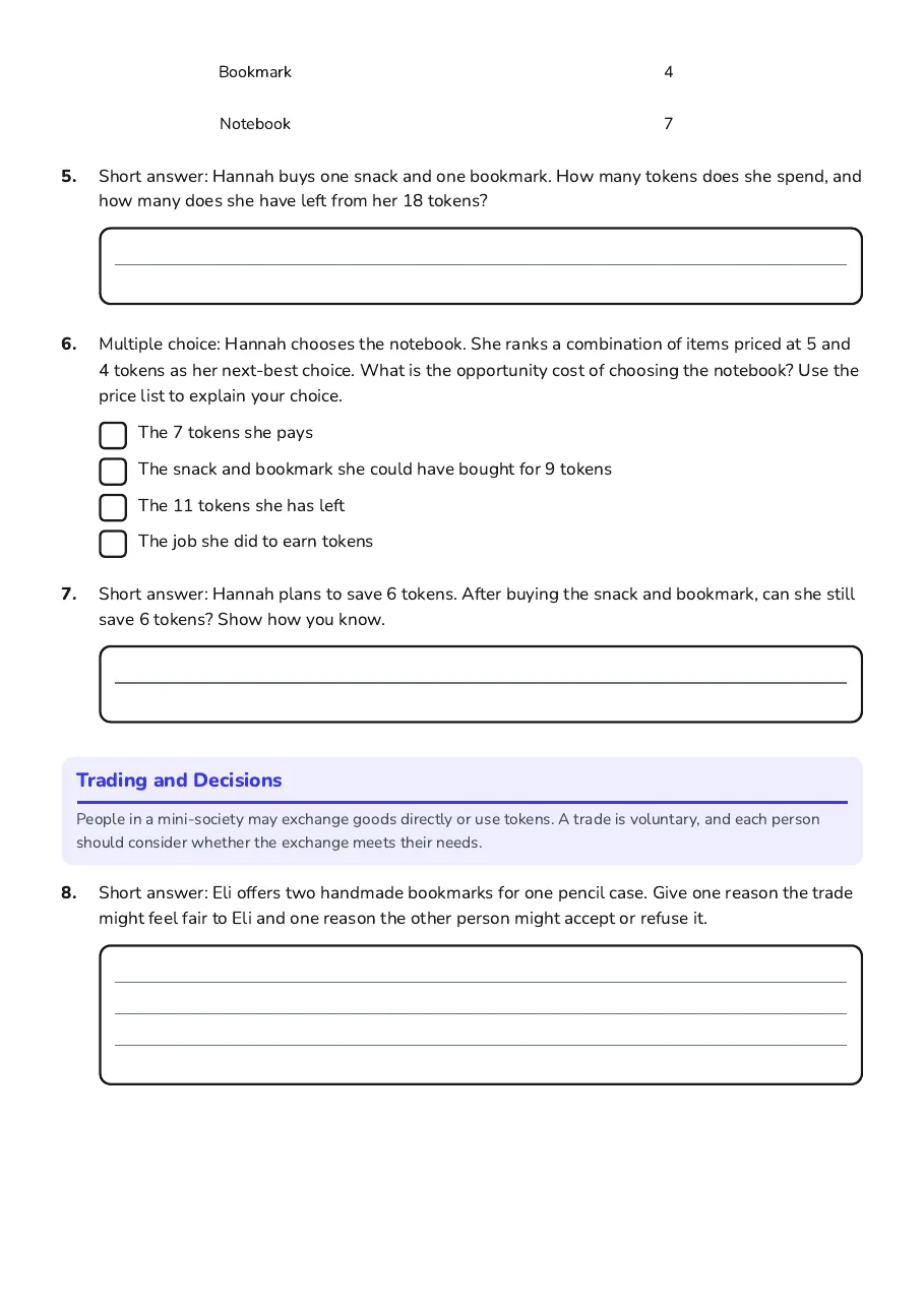 Mini-Society Economics Worksheet, page 2 of 3: Trading and Decisions