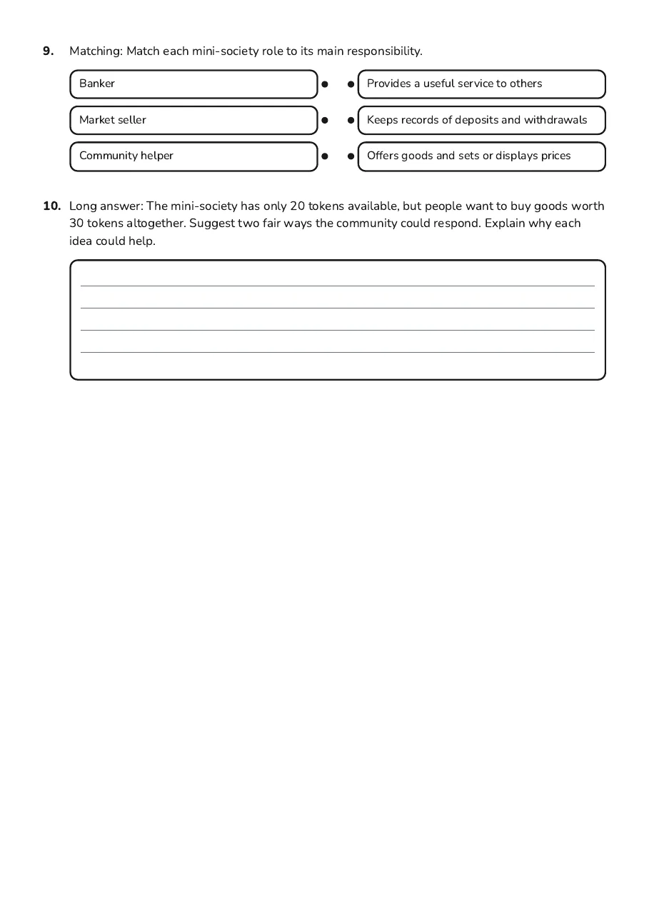 Mini-Society Economics Worksheet, page 3 of 3: 9. Matching: Match each mini-society role to its main responsibility.