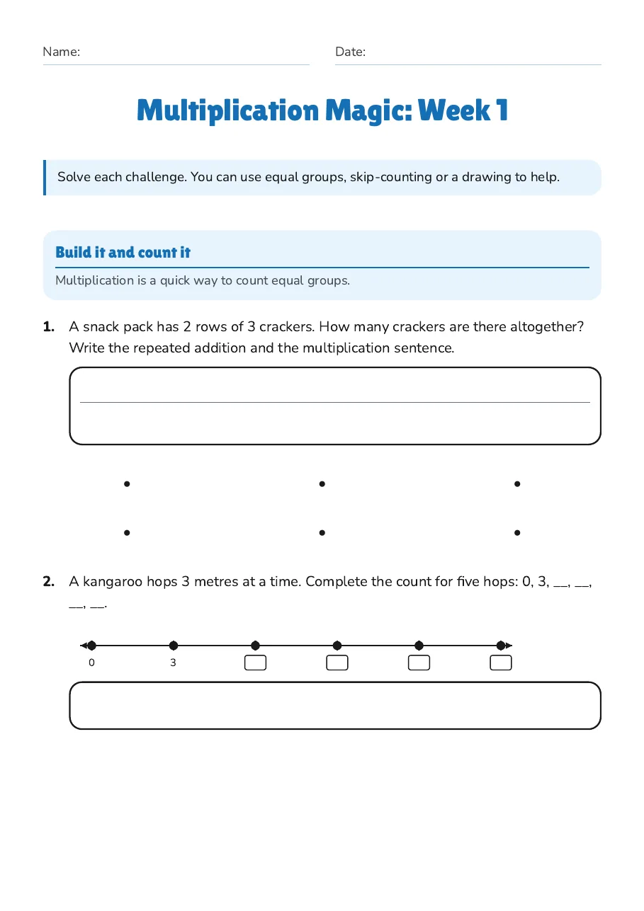 Multiplication Magic: Week 1, page 1 of 3: Build it and count it