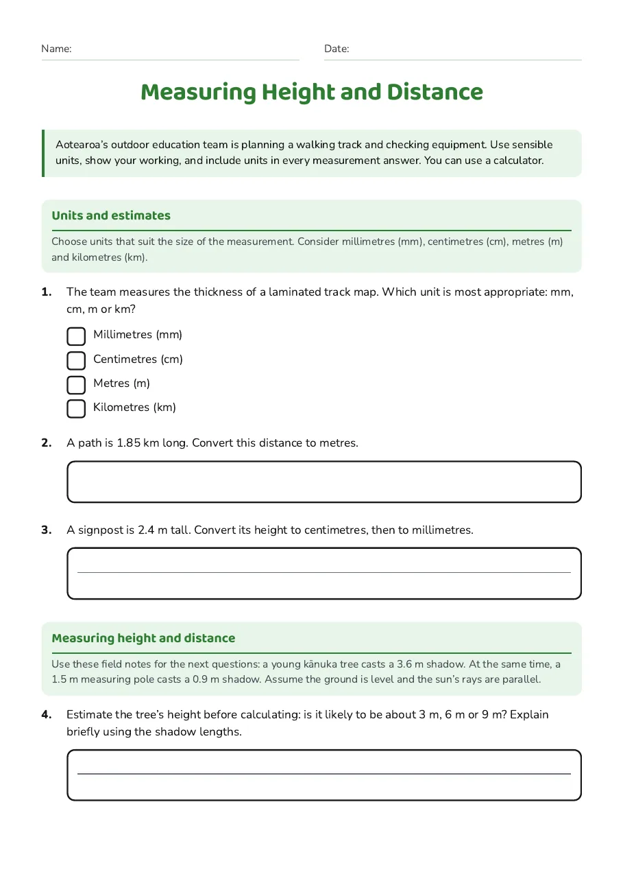 Measuring Height and Distance, page 1 of 3: Units and estimates, Measuring height and distance