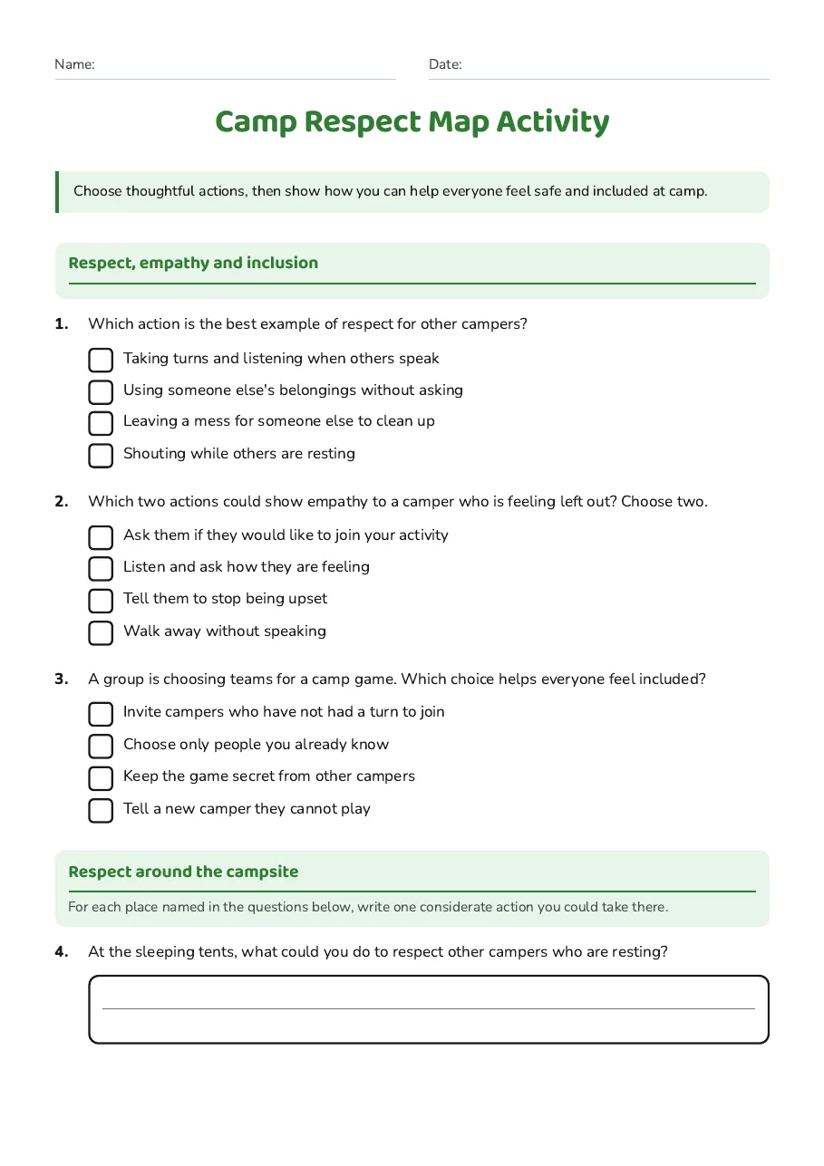 Camp Respect Map Activity, page 1 of 3: Respect, empathy and inclusion, Respect around the campsite