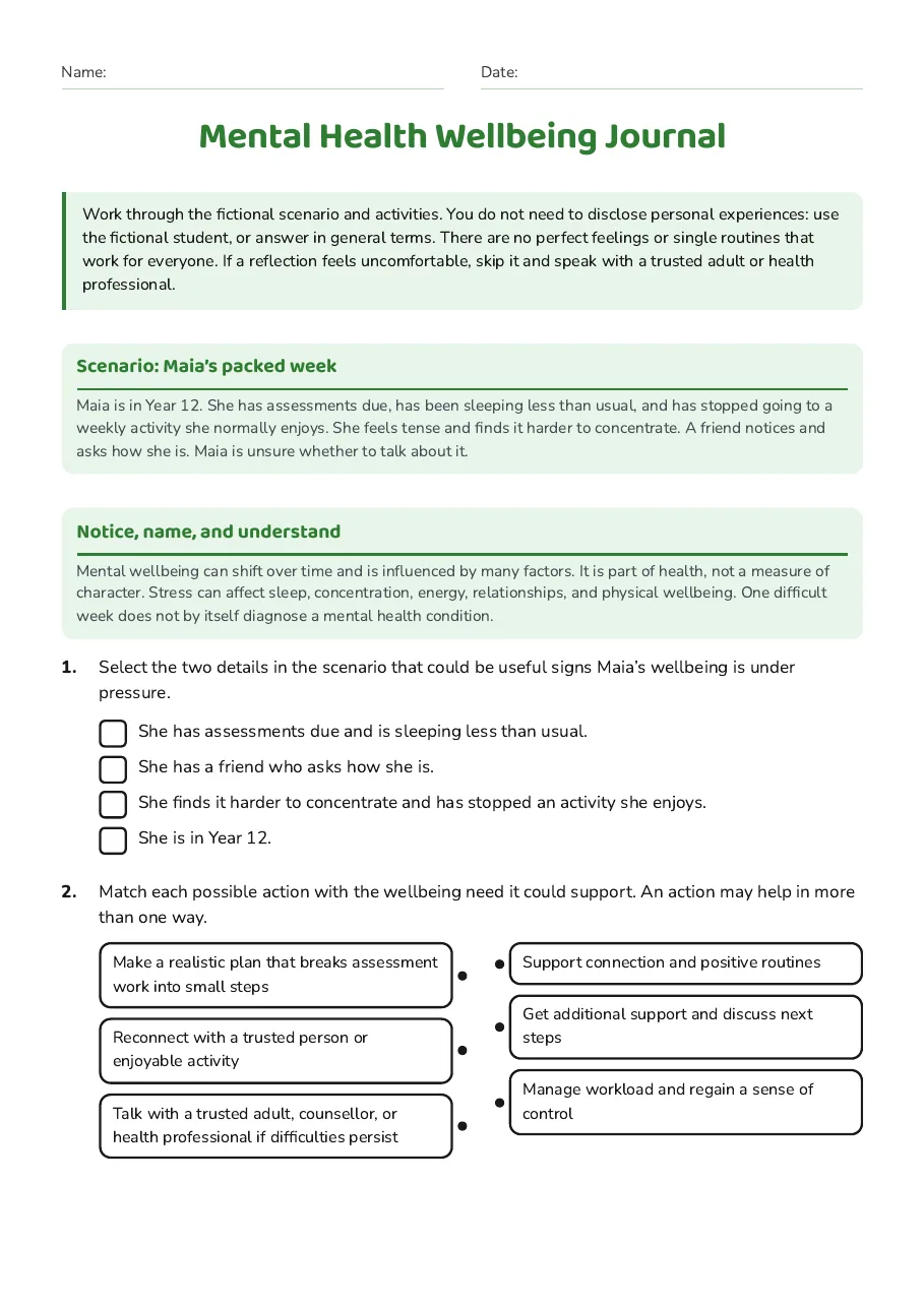 Mental Health Wellbeing Journal, page 1 of 3: Scenario: Maia’s packed week, Notice, name, and understand