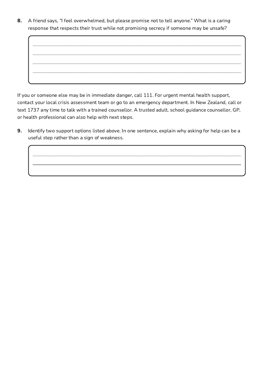 Mental Health Wellbeing Journal, page 3 of 3: 8. A friend says, “I feel overwhelmed, but please promise not to tell anyone.” What is a…