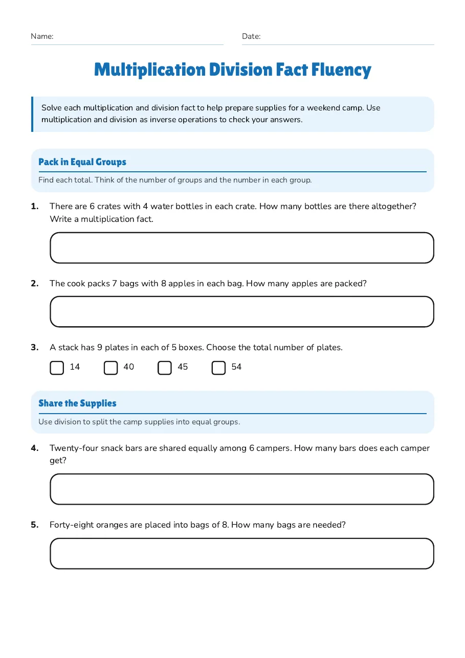 Multiplication Division Fact Fluency, page 1 of 2: Pack in Equal Groups, Share the Supplies