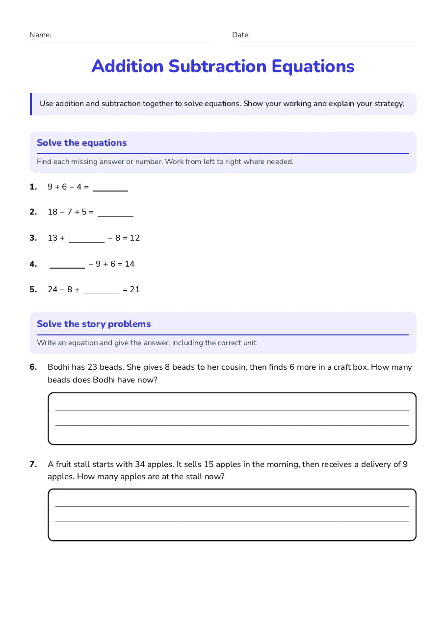 Addition Subtraction Equations, page 1 of 2: Solve the equations, Solve the story problems