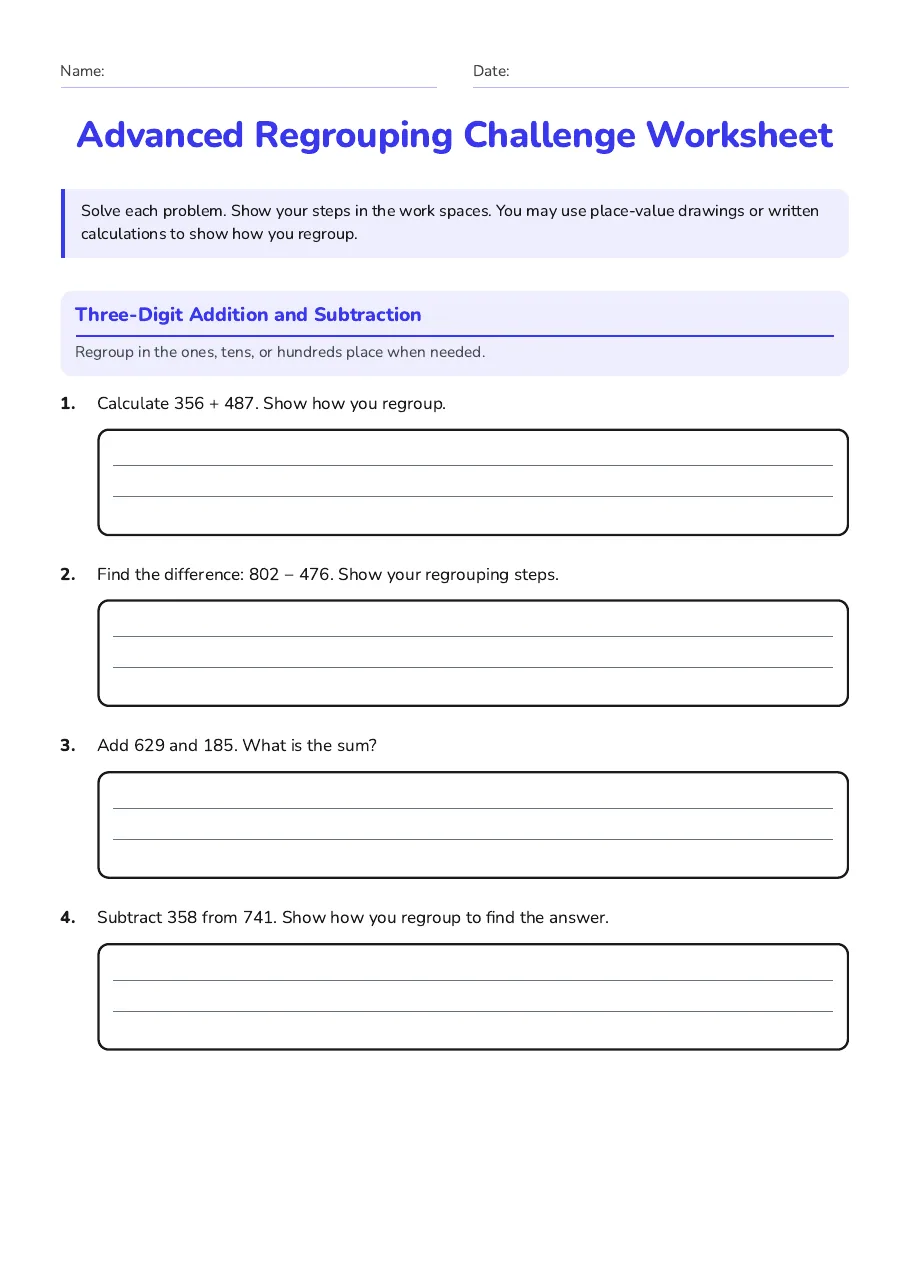 Advanced Regrouping Challenge Worksheet, page 1 of 3: Three-Digit Addition and Subtraction