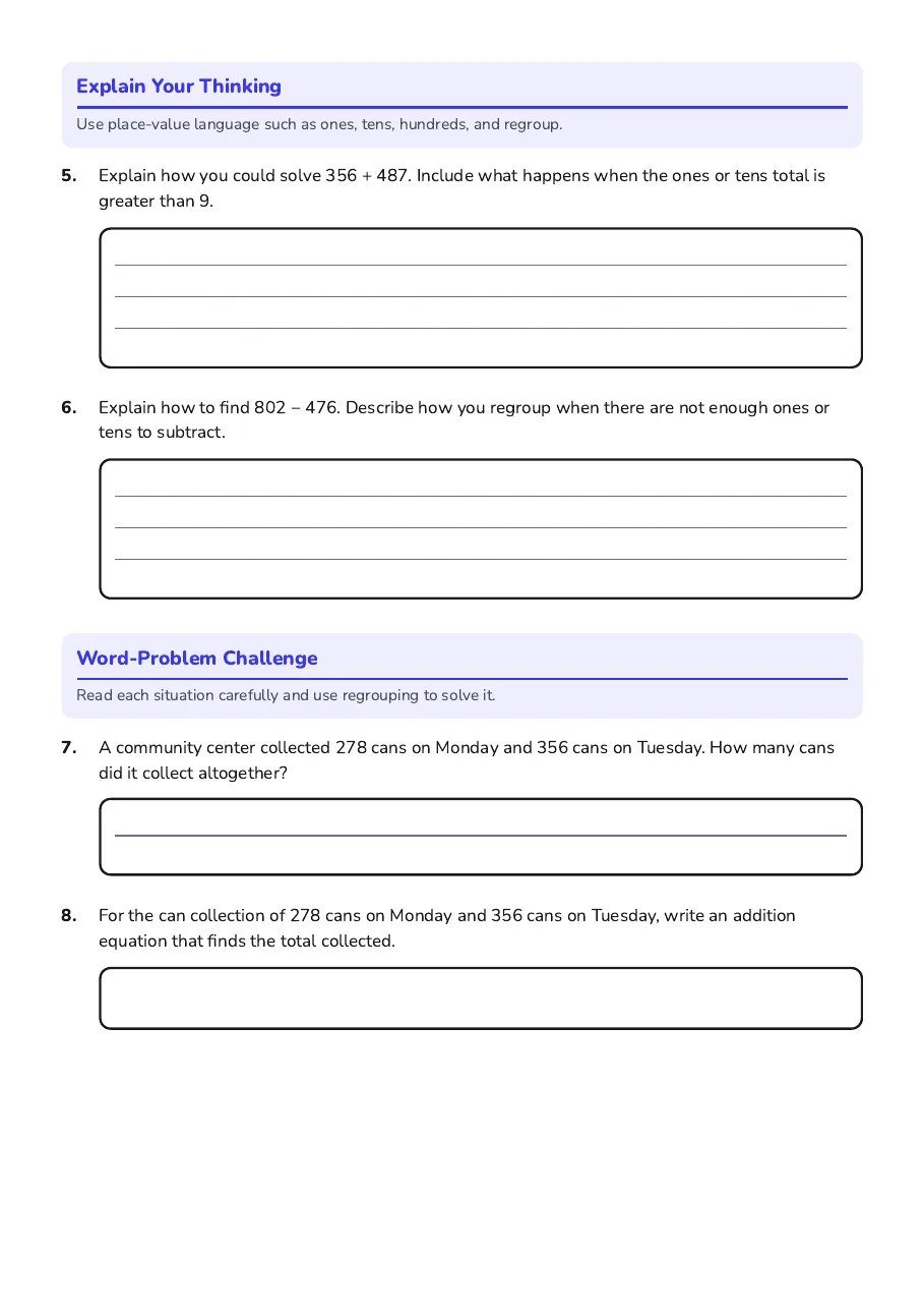 Advanced Regrouping Challenge Worksheet, page 2 of 3: Explain Your Thinking, Word-Problem Challenge