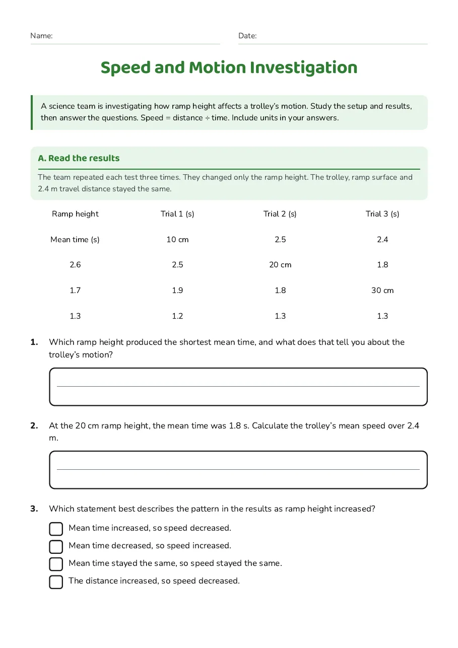 Ramp investigation setup and trolley trial results table