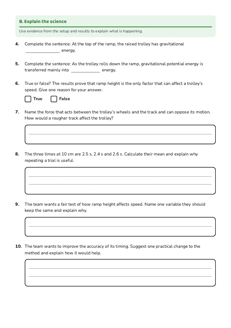 Questions about speed, energy transfers, fair testing and measurement accuracy