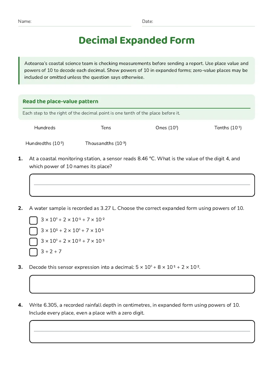 Decimal Expanded Form, page 1 of 2: Read the place-value pattern