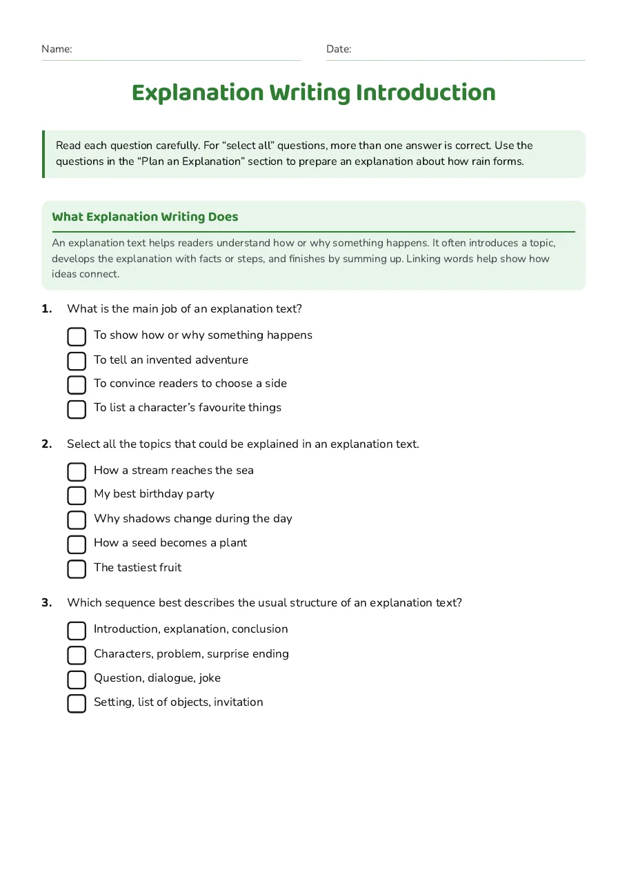 Explanation Writing Introduction, page 1 of 3: What Explanation Writing Does, Plan an Explanation