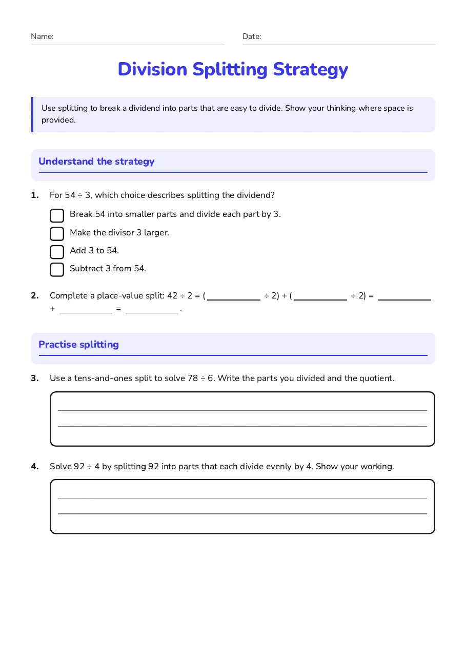 Division Splitting Strategy, page 1 of 3: Understand the strategy, Practise splitting