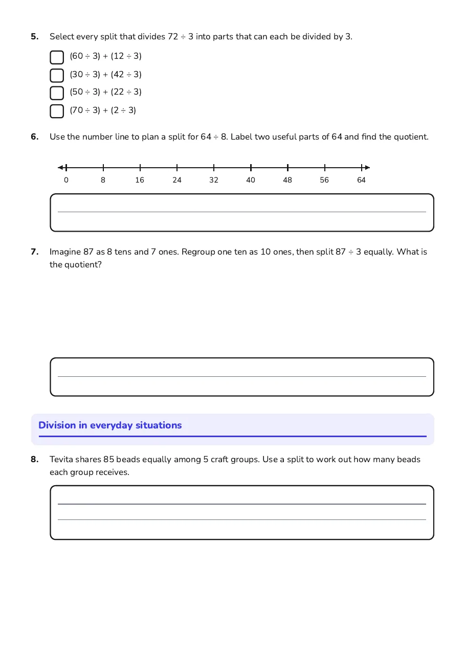 Division Splitting Strategy, page 2 of 3: Division in everyday situations