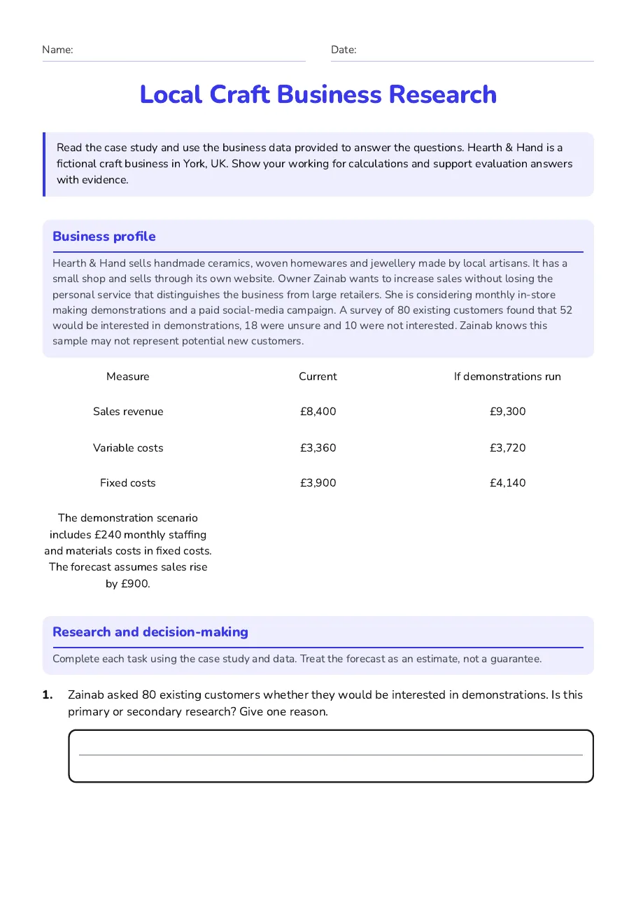 Local Craft Business Research, page 1 of 3: Business profile, Research and decision-making