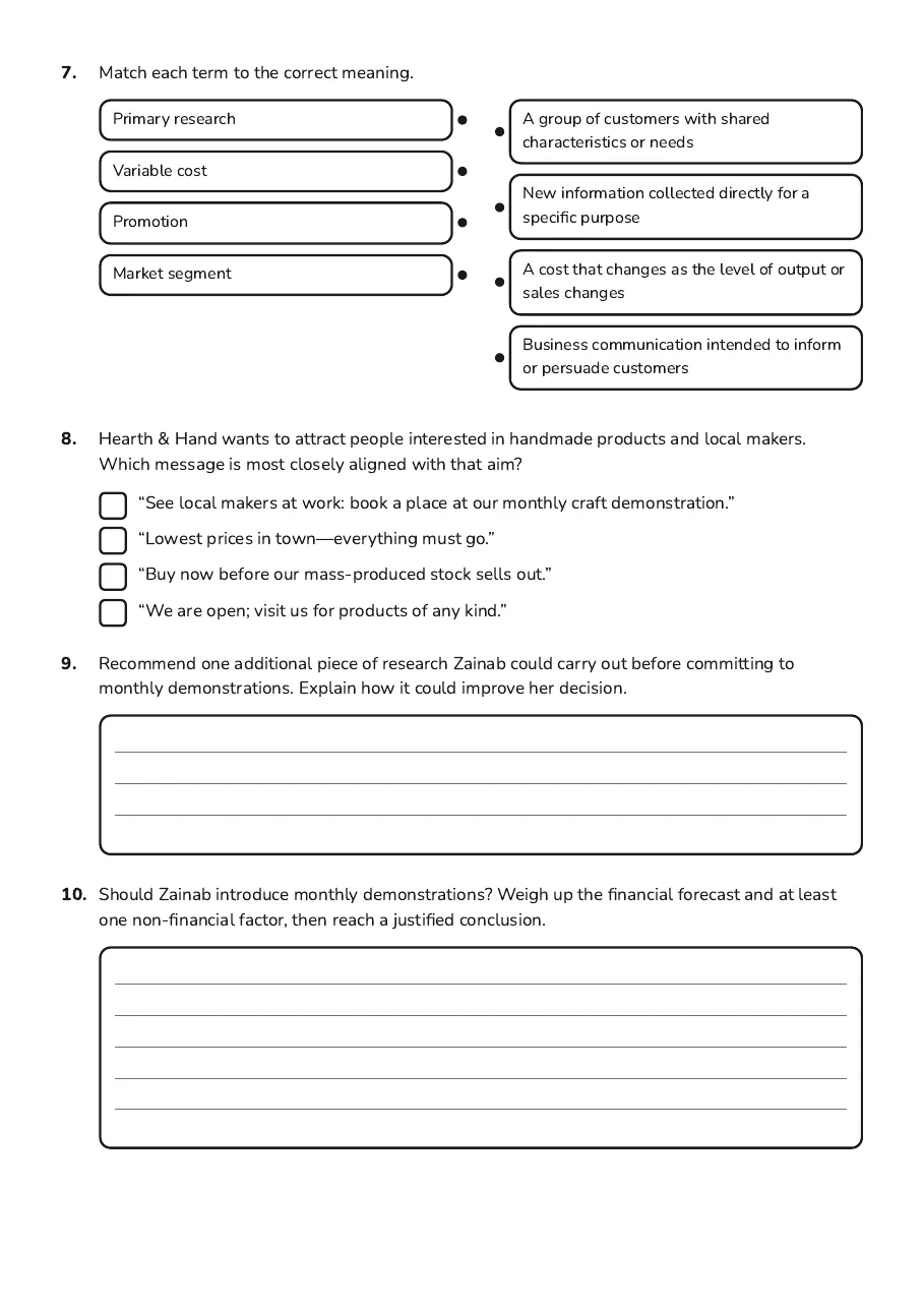 Local Craft Business Research, page 3 of 3: 7. Match each term to the correct meaning.