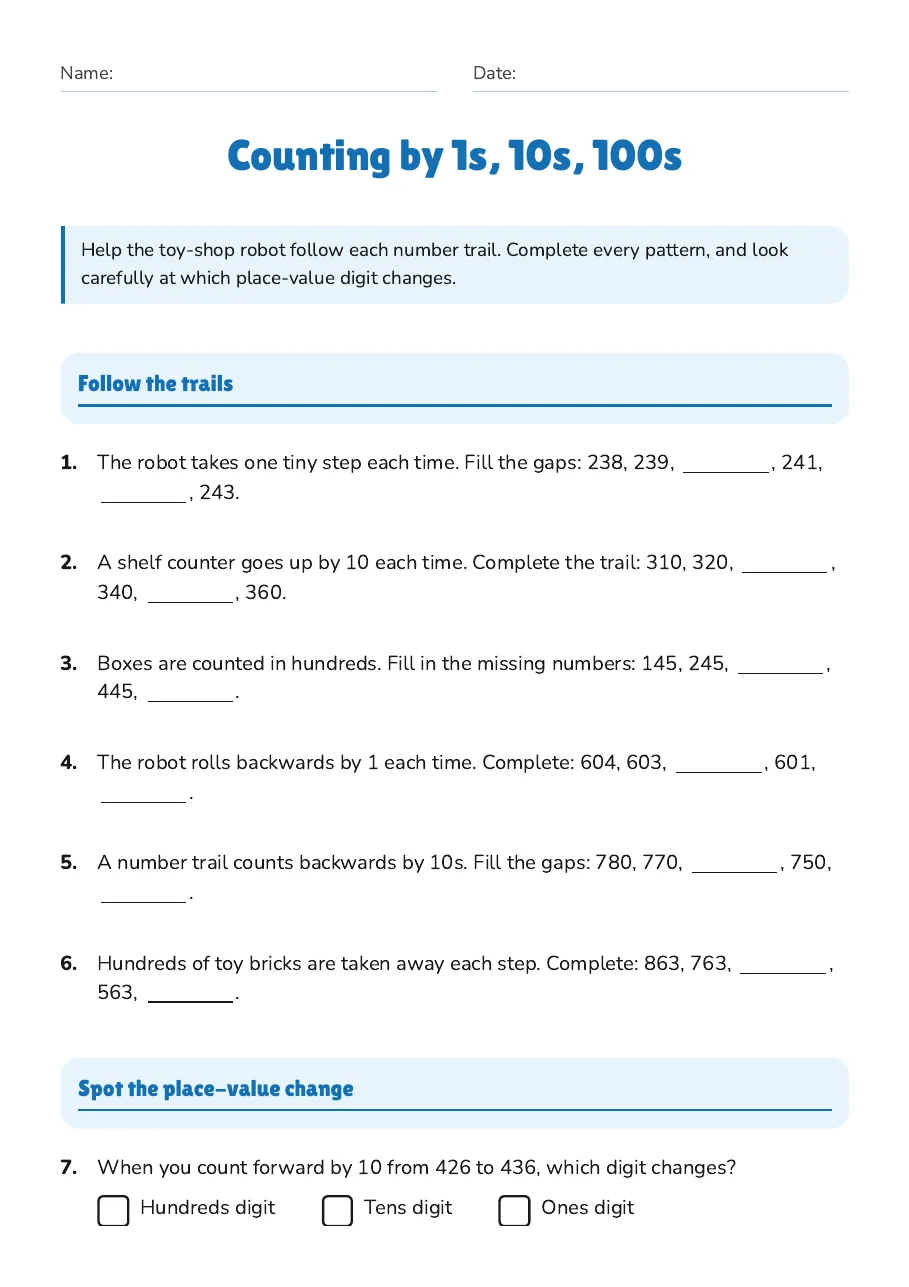 Counting by 1s, 10s, 100s, page 1 of 2: Follow the trails, Spot the place-value change