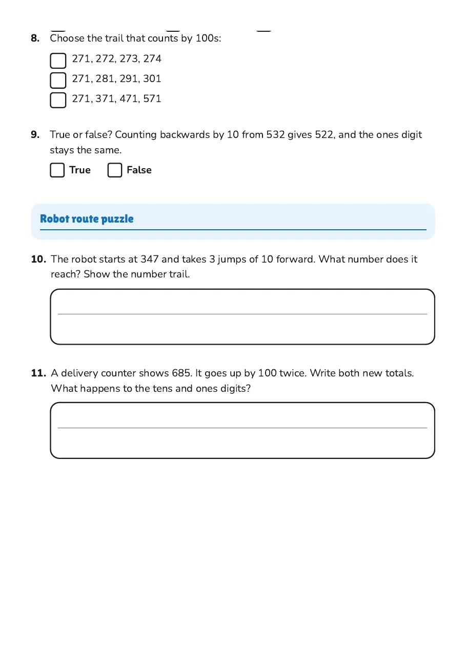 Counting by 1s, 10s, 100s, page 2 of 2: Robot route puzzle