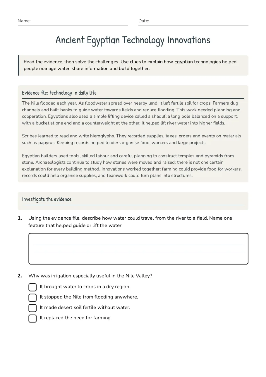 Ancient Egyptian Technology Innovations, page 1 of 3: Evidence file: technology in daily life, Investigate the evidence