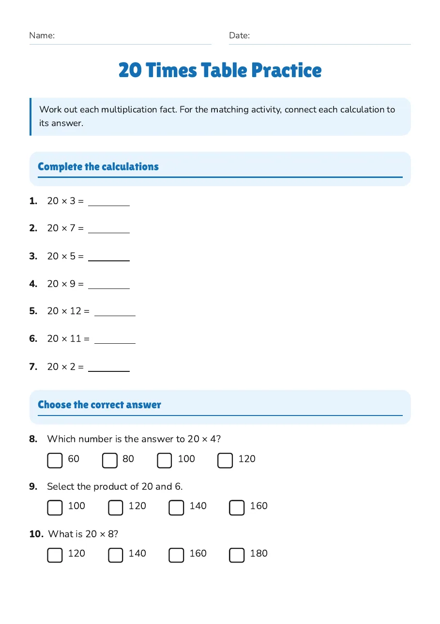 20 Times Table Practice, page 1 of 2: Complete the calculations, Choose the correct answer