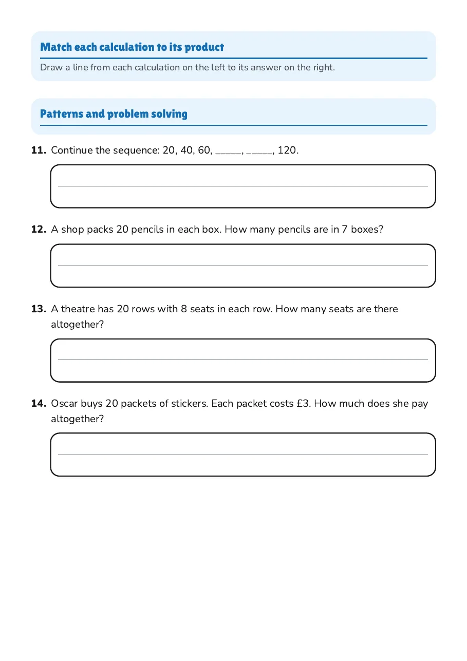 20 Times Table Practice, page 2 of 2: Match each calculation to its product, Patterns and problem solving