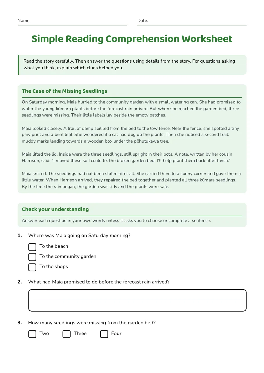 Simple Reading Comprehension Worksheet, page 1 of 3: The Case of the Missing Seedlings, Check your understanding