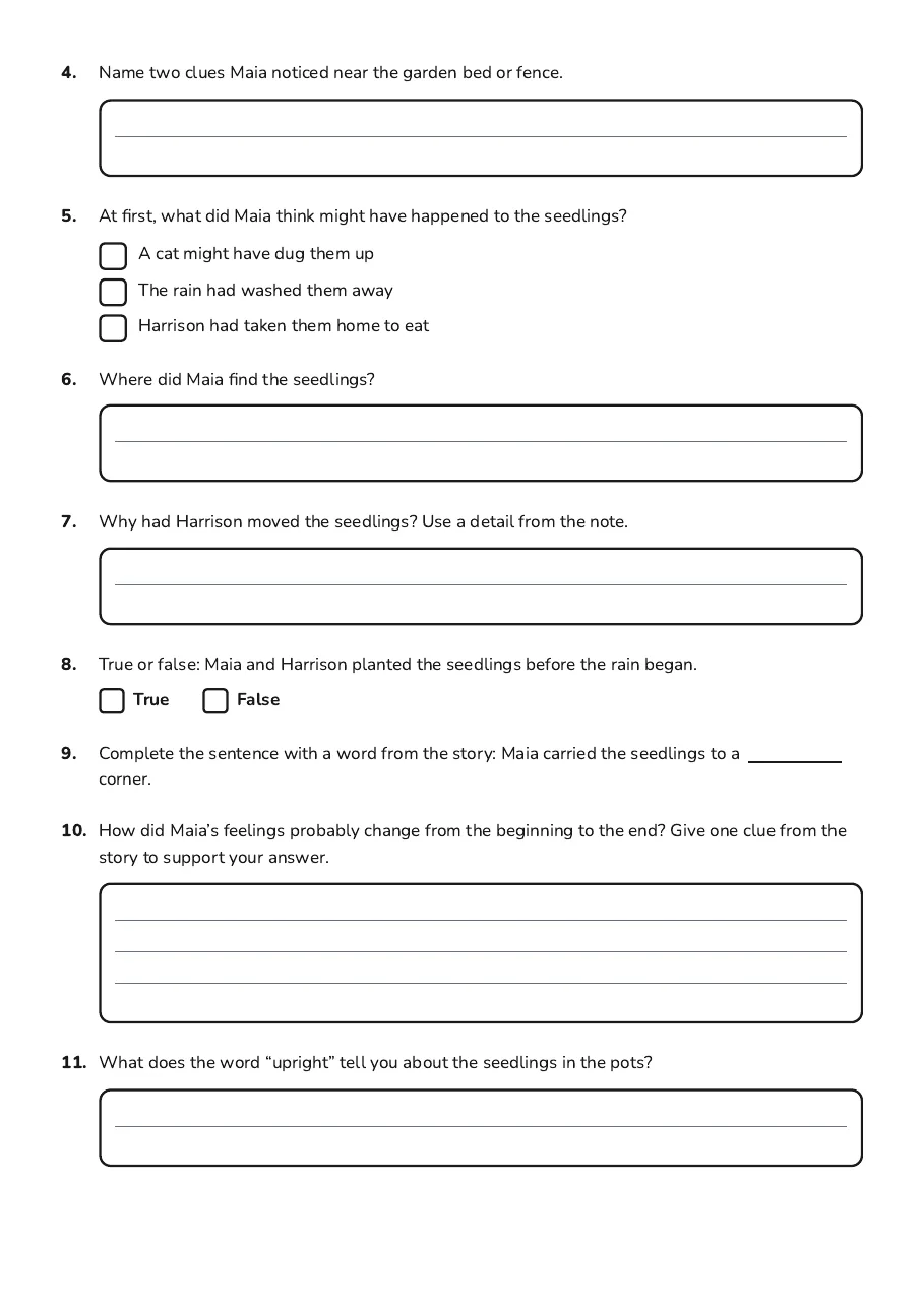 Simple Reading Comprehension Worksheet, page 2 of 3: 4. Name two clues Maia noticed near the garden bed or fence.
