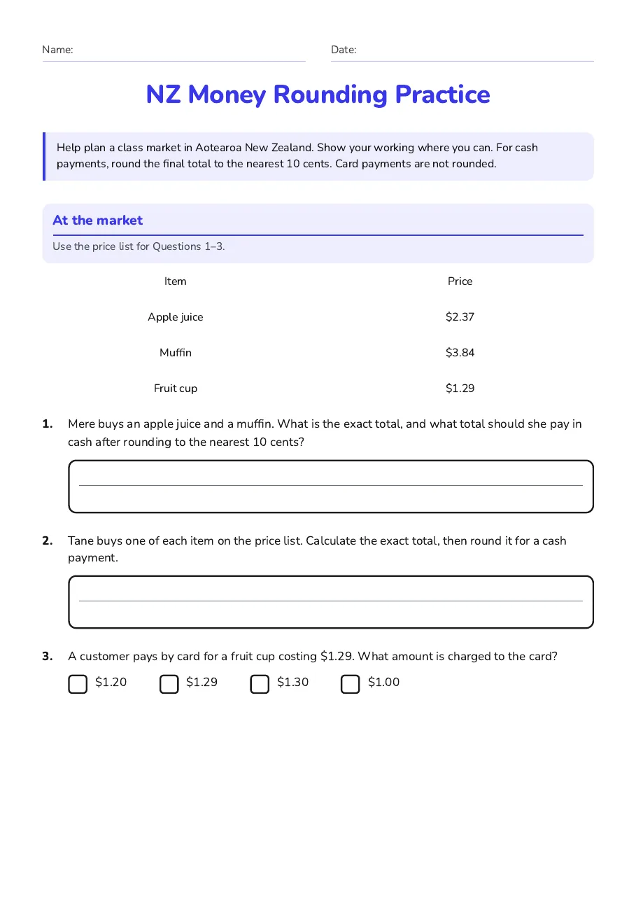 NZ Money Rounding Practice, page 1 of 3: At the market