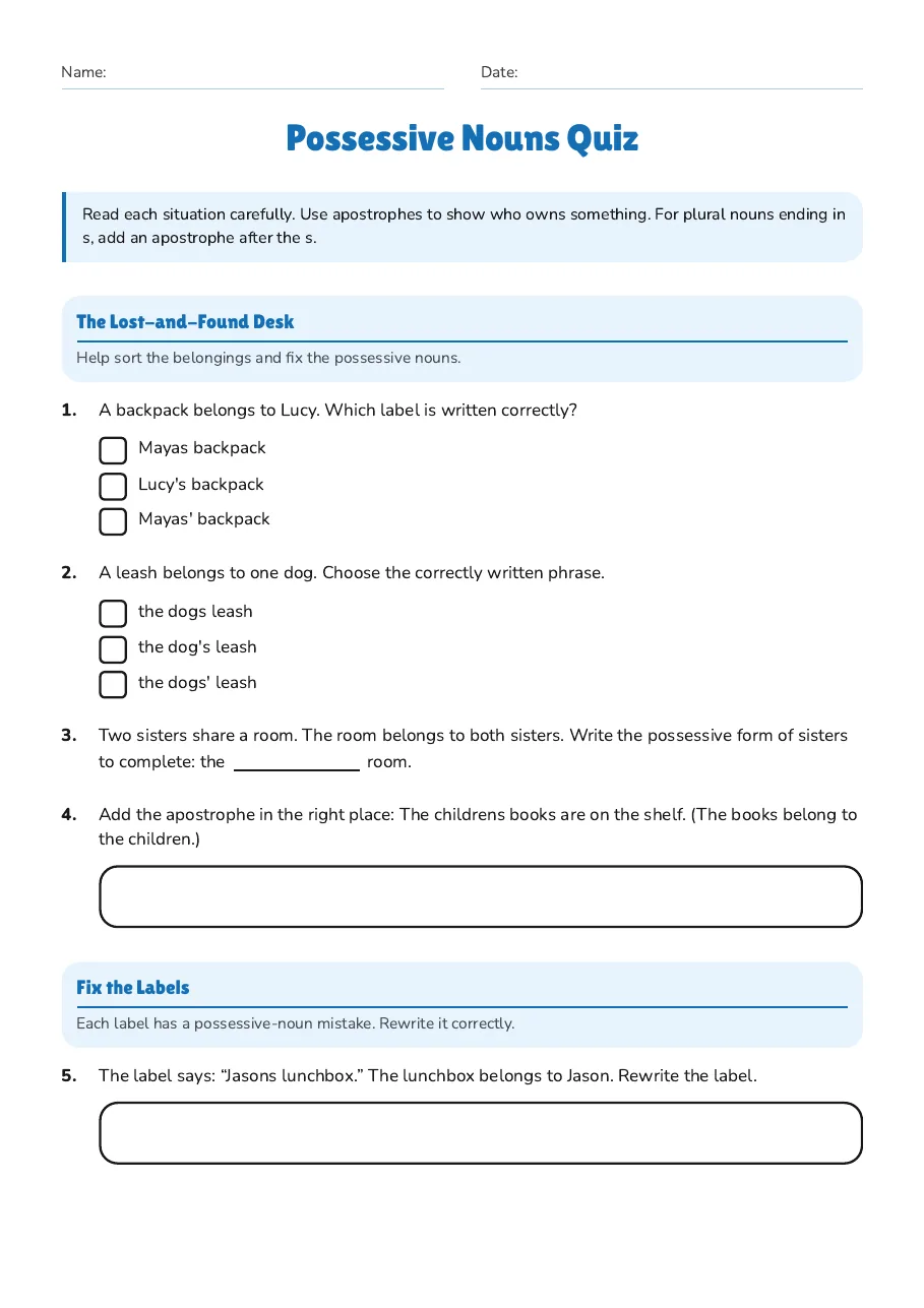 Possessive Nouns Quiz, page 1 of 2: The Lost-and-Found Desk, Fix the Labels