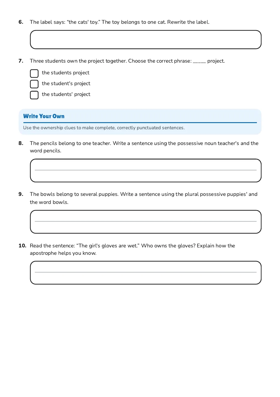 Possessive Nouns Quiz, page 2 of 2: Write Your Own