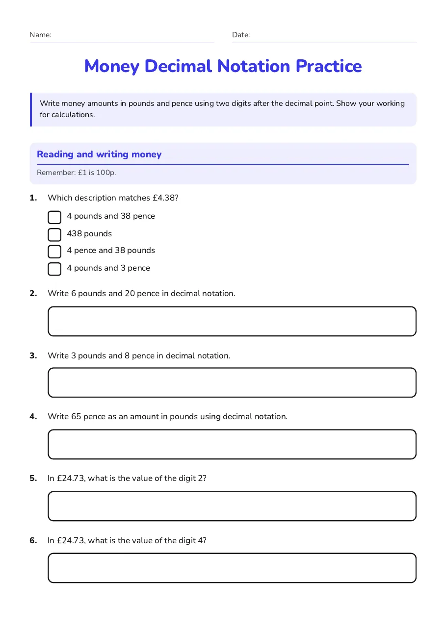 Money Decimal Notation Practice, page 1 of 4: Reading and writing money
