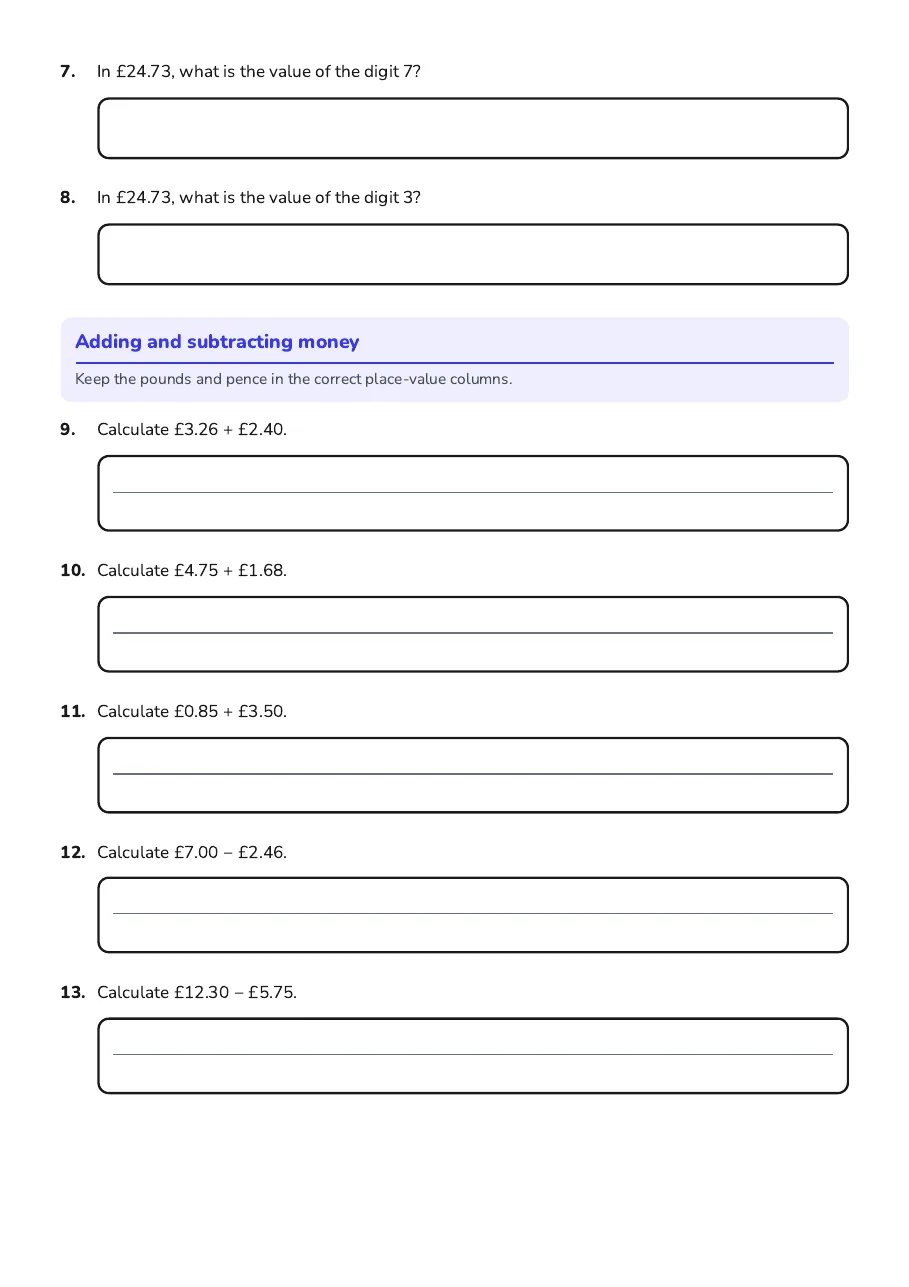 Money Decimal Notation Practice, page 2 of 4: Adding and subtracting money