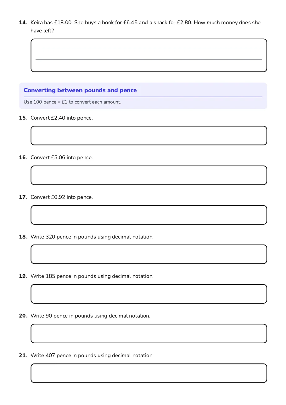 Money Decimal Notation Practice, page 3 of 4: Converting between pounds and pence