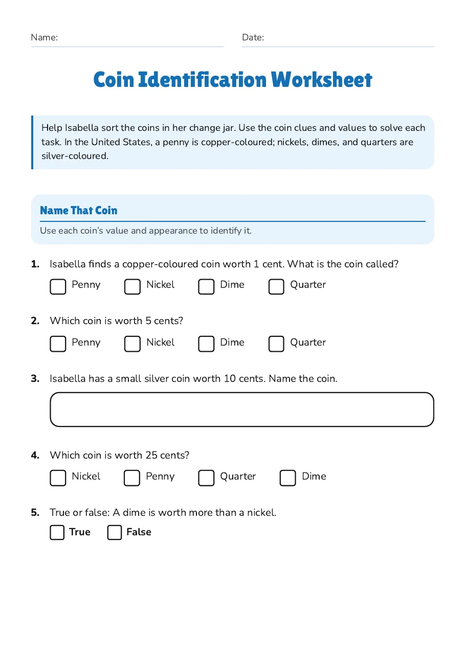 Coin Identification Worksheet, page 1 of 2: Name That Coin