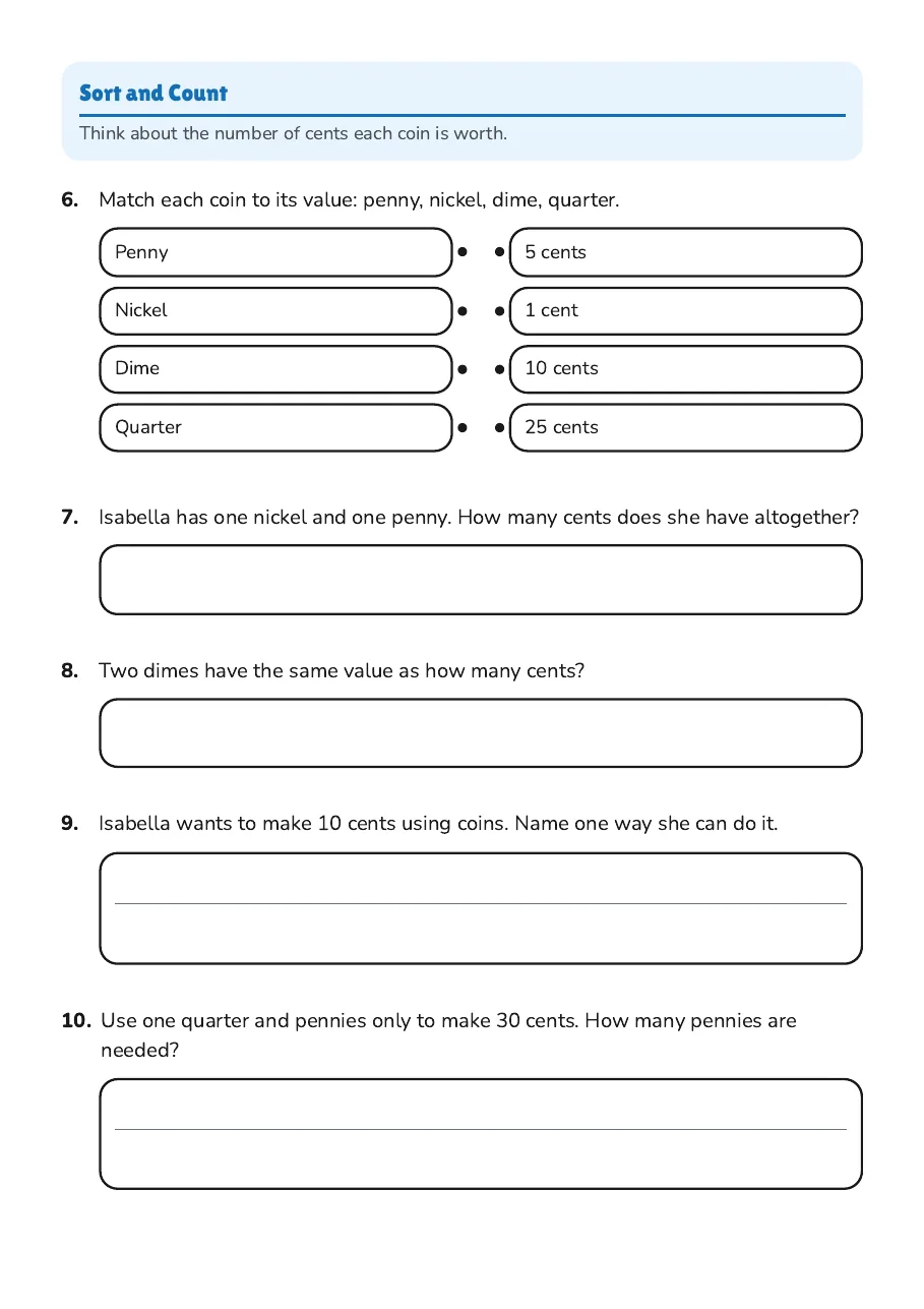 Coin Identification Worksheet, page 2 of 2: Sort and Count