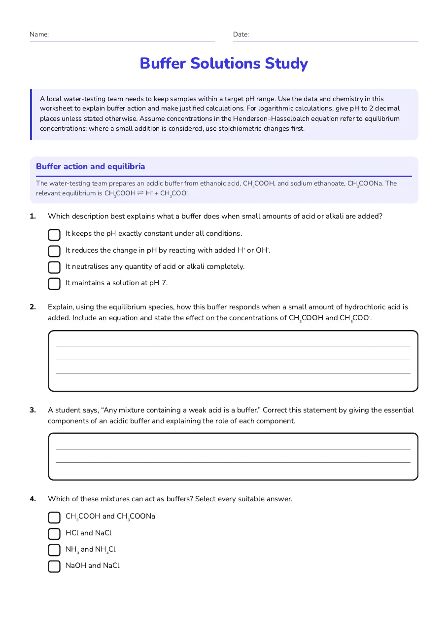 Buffer Solutions Study, page 1 of 3: Buffer action and equilibria