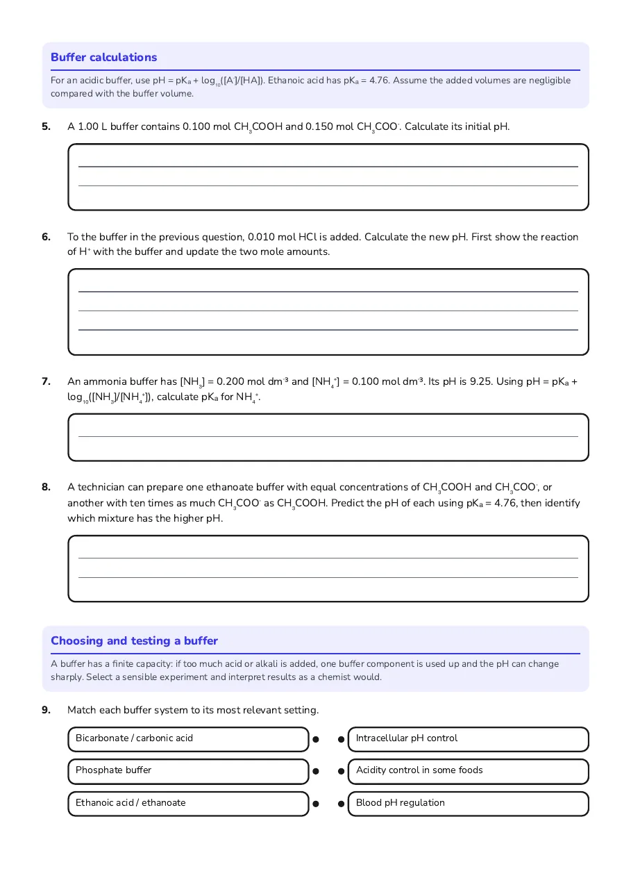 Buffer Solutions Study, page 2 of 3: Buffer calculations, Choosing and testing a buffer