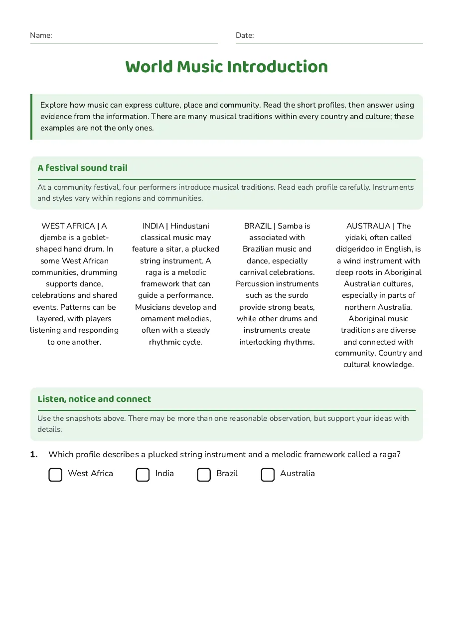 World Music Introduction, page 1 of 3: A festival sound trail, Listen, notice and connect