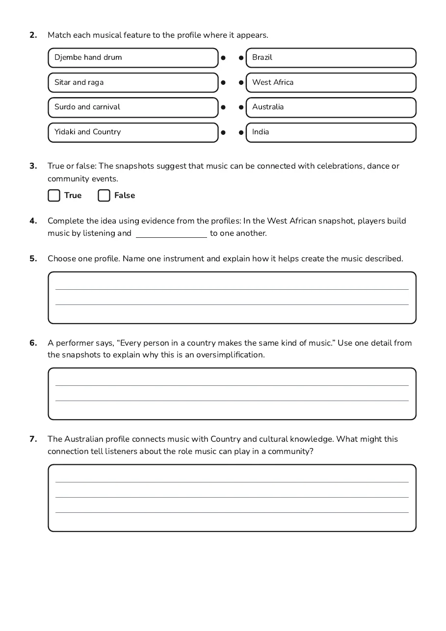 World Music Introduction, page 2 of 3: 2. Match each musical feature to the profile where it appears.