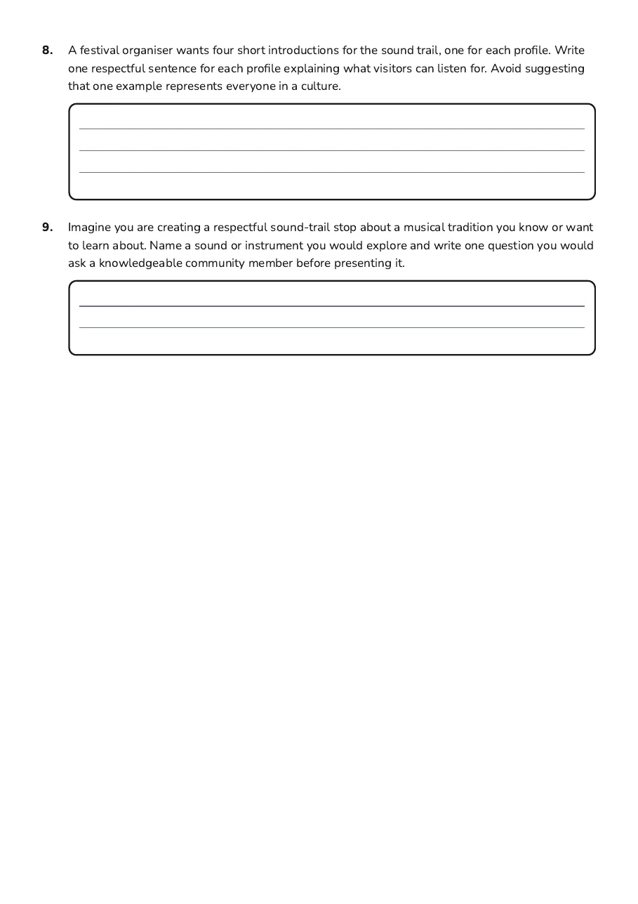 World Music Introduction, page 3 of 3: 8. A festival organiser wants four short introductions for the sound trail, one for each…