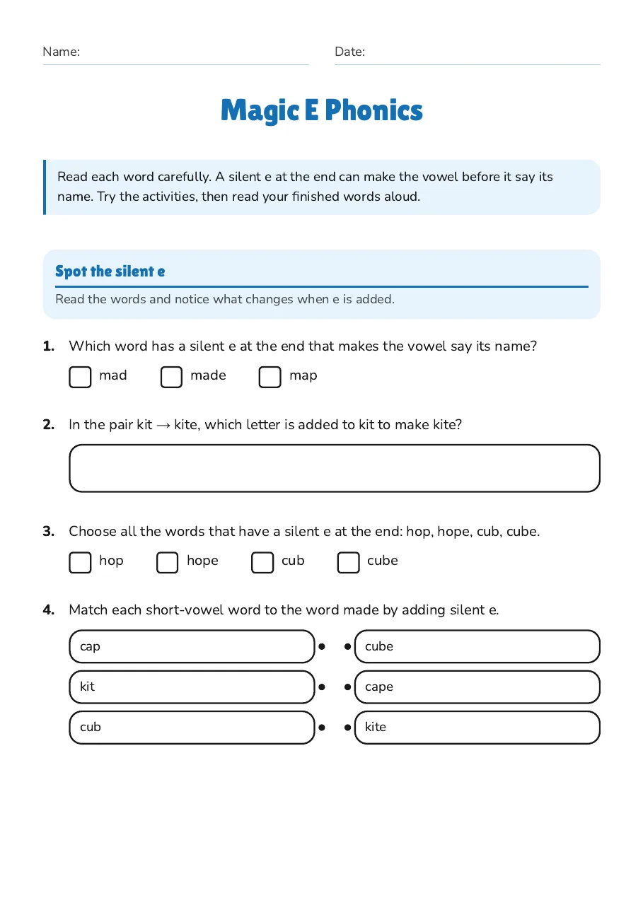 Magic E Phonics, page 1 of 2: Spot the silent e