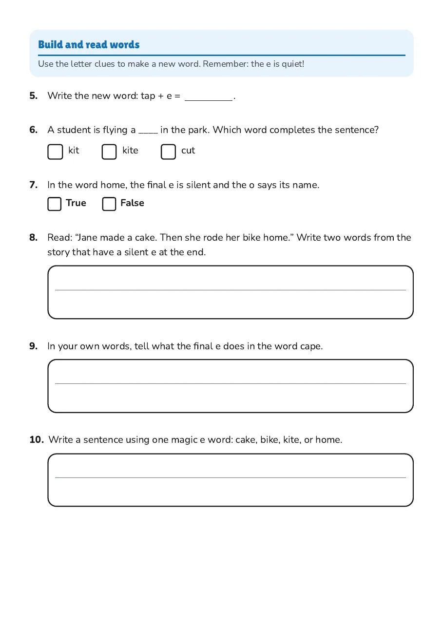 Magic E Phonics, page 2 of 2: Build and read words