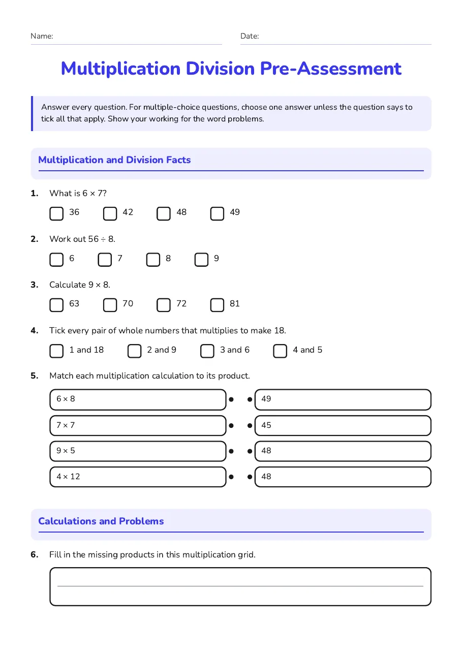 Multiplication and division facts, factor pairs, matching products and a multiplication grid.