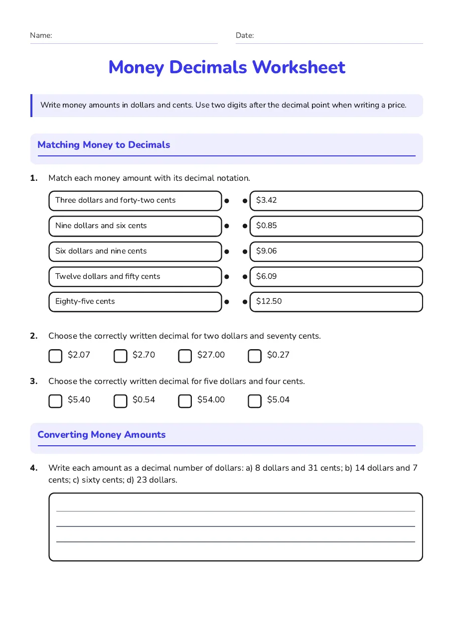 Money Decimals Worksheet, page 1 of 3: Matching Money to Decimals, Converting Money Amounts